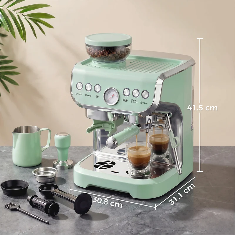 Bean to Cup Espresso Machine with Integrated Grinder & Steam Wand, 15 Bar Pump, 2L Tank, Stainless Steel, Light Green