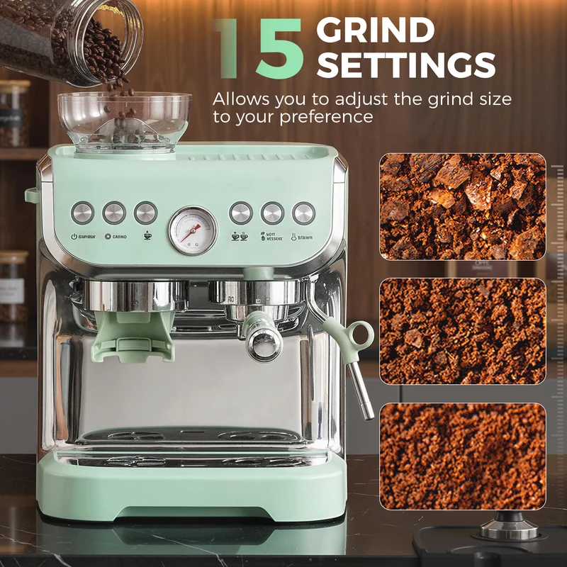 Bean to Cup Espresso Machine with Integrated Grinder & Steam Wand, 15 Bar Pump, 2L Tank, Stainless Steel, Light Green