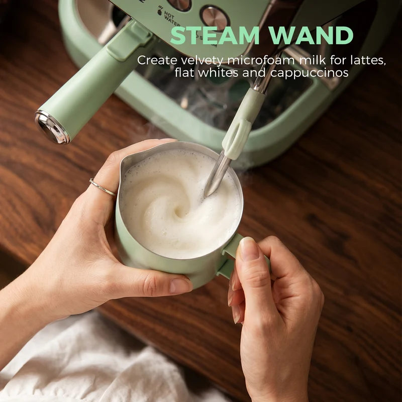 Bean to Cup Espresso Machine with Integrated Grinder & Steam Wand, 15 Bar Pump, 2L Tank, Stainless Steel, Light Green
