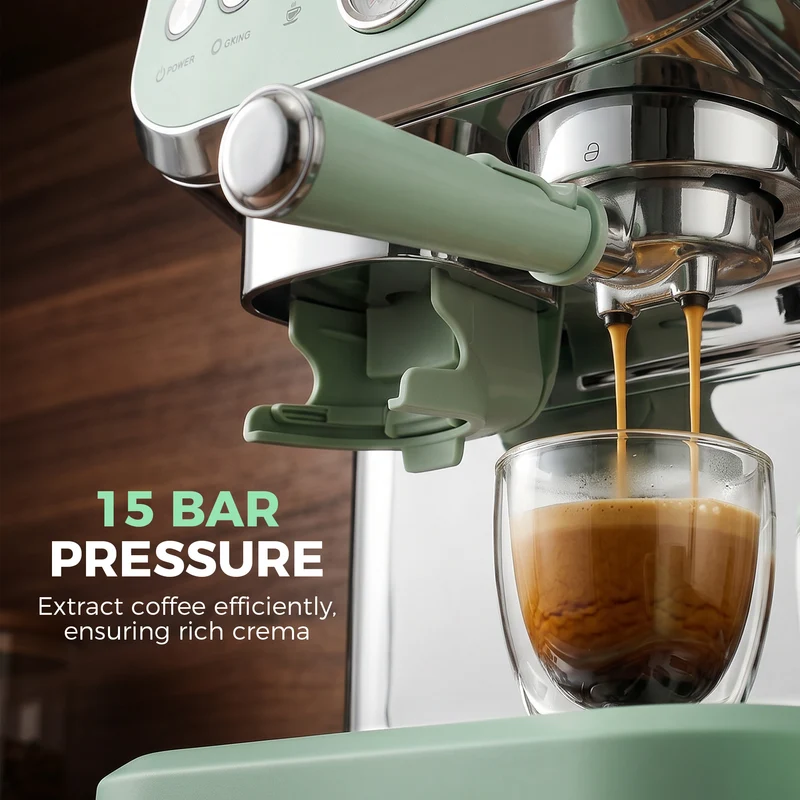 Bean to Cup Espresso Machine with Integrated Grinder & Steam Wand, 15 Bar Pump, 2L Tank, Stainless Steel, Light Green