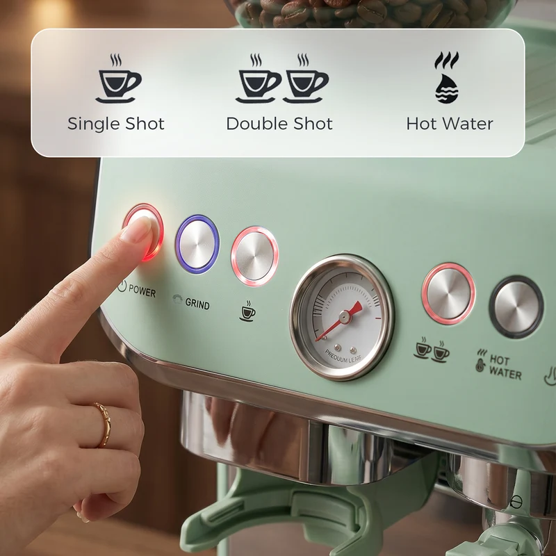 Bean to Cup Espresso Machine with Integrated Grinder & Steam Wand, 15 Bar Pump, 2L Tank, Stainless Steel, Light Green