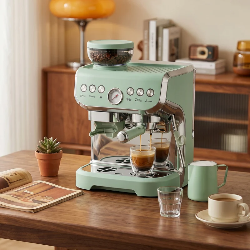 Bean to Cup Espresso Machine with Integrated Grinder & Steam Wand, 15 Bar Pump, 2L Tank, Stainless Steel, Light Green