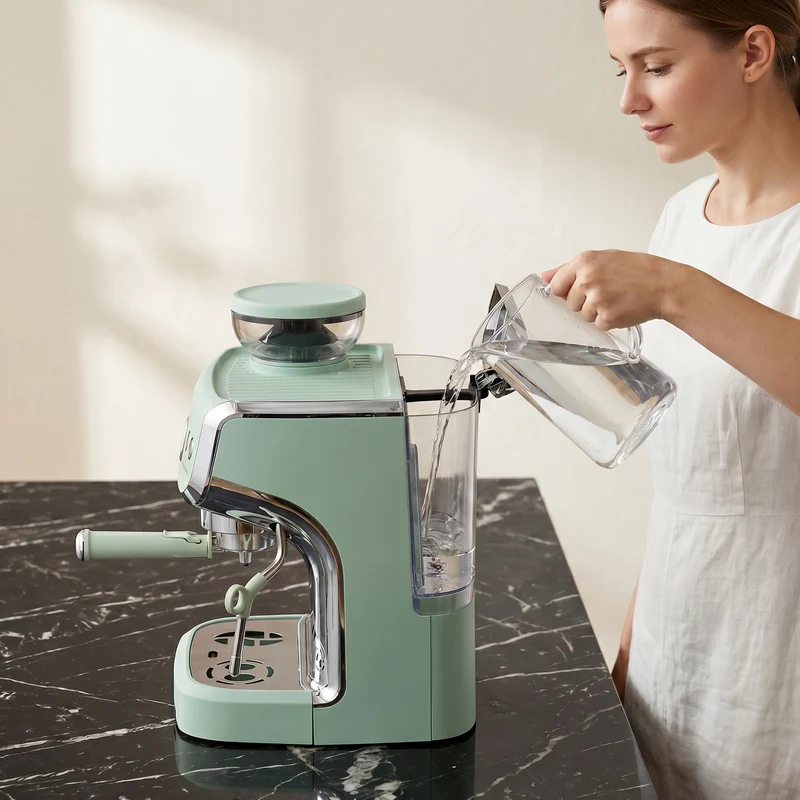 Bean to Cup Espresso Machine with Integrated Grinder & Steam Wand, 15 Bar Pump, 2L Tank, Stainless Steel, Light Green