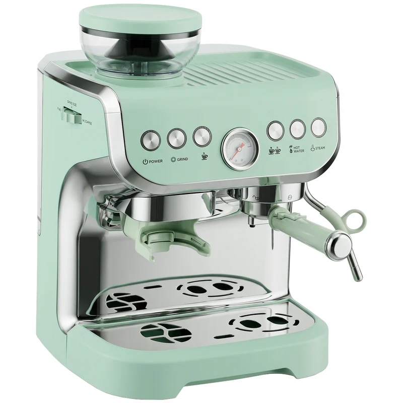 Bean to Cup Espresso Machine with Integrated Grinder & Steam Wand, 15 Bar Pump, 2L Tank, Stainless Steel, Light Green