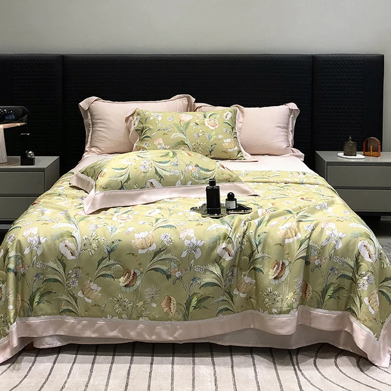 Luxuriöses Baumwollsatin-Bettwäsche-Set mit floralem Aquarellprint und feiner Satinkante