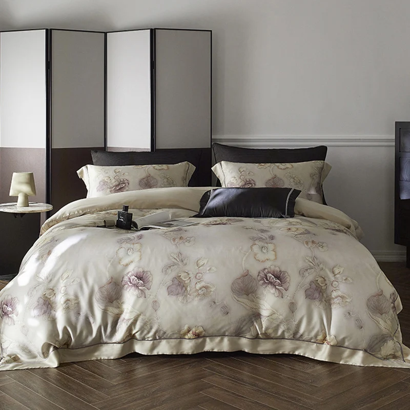 Premium-Baumwollsatin-Duvetbezug-Set mit Aquarellblumenmuster und seidig-mattem Griff