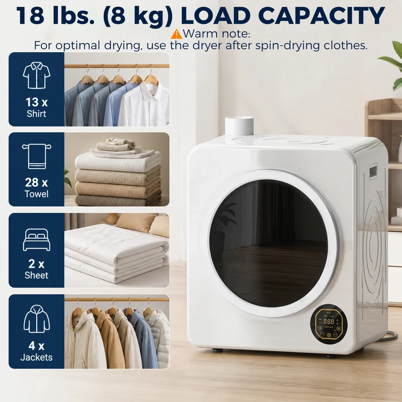 18 lb Portable Electric Dryer 1300W with Stainless Steel Tub, Touch Panel
