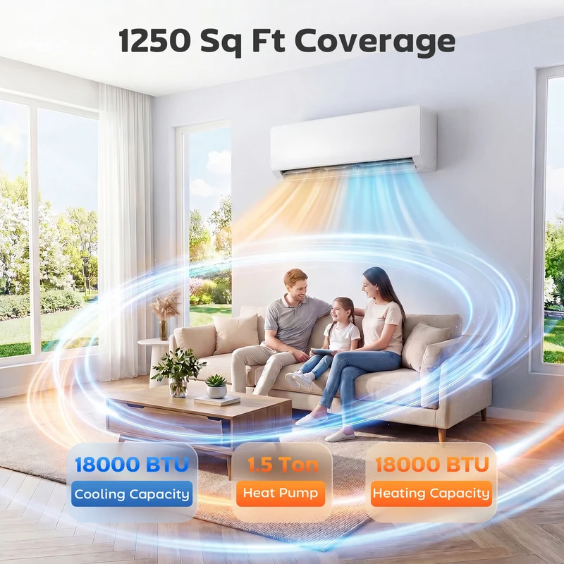 18000 BTU Mini Split Inverter AC with Ductless Heat Pump, WiFi, Cools up to 1250 Sq Ft