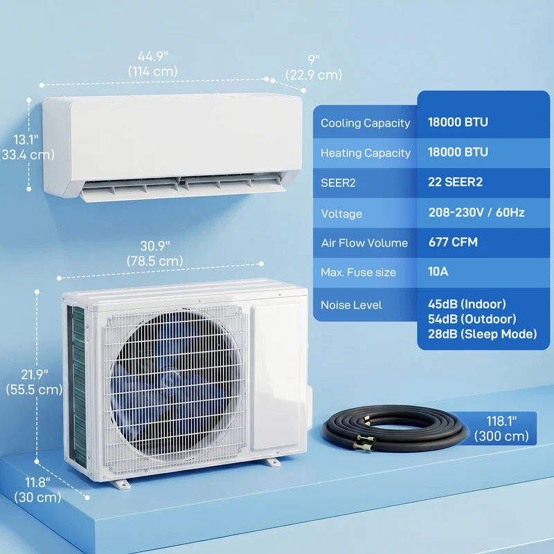 18000 BTU Mini Split Inverter AC with Ductless Heat Pump, WiFi, Cools up to 1250 Sq Ft