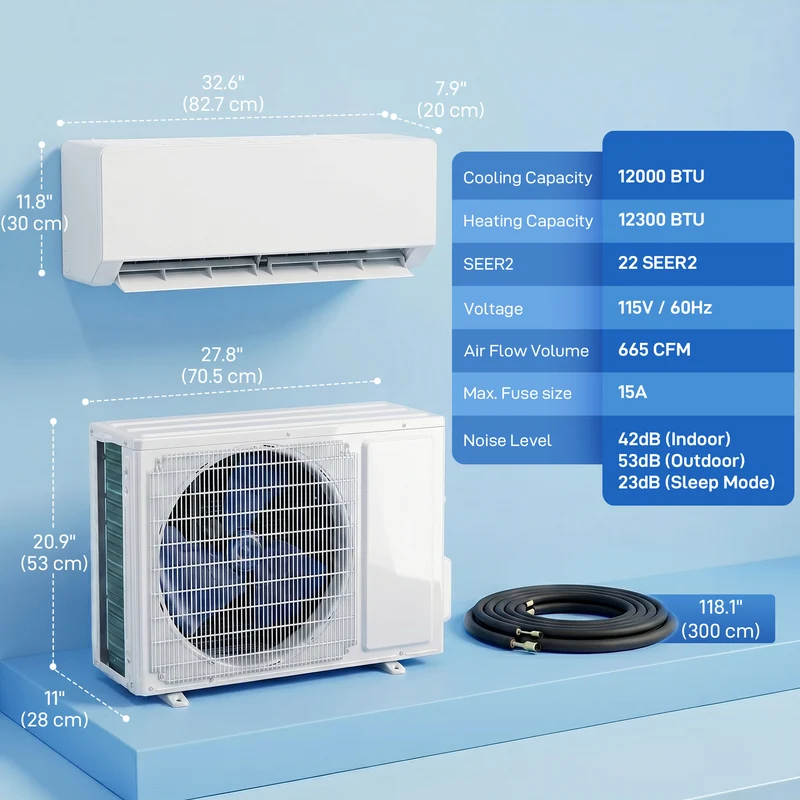 12,000 BTU Mini-Split AC with 22 SEER2, WiFi & Heat Pump, Cools 750 sq ft