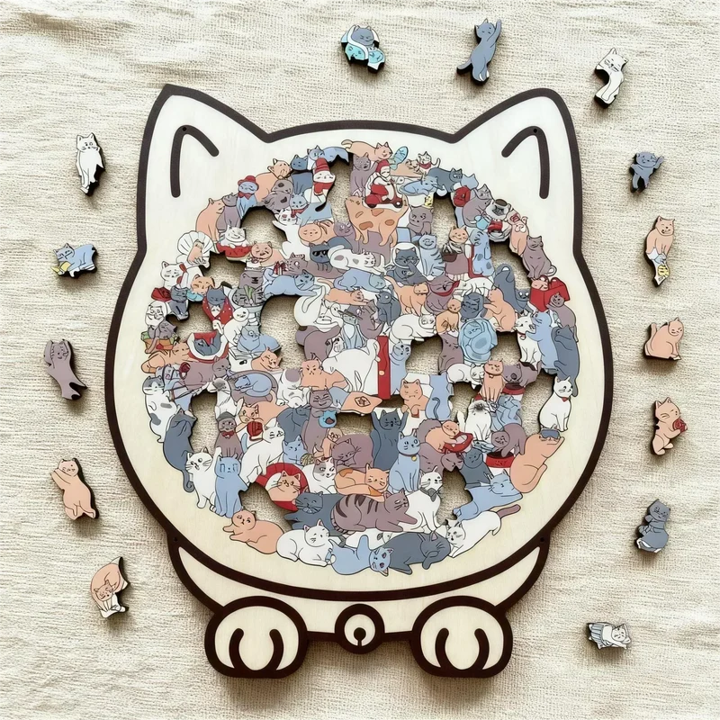 🎁Weihnachtsverkauf - 50 % Rabatt🎅Morandi-farbenes Katzenförmiges Holzpuzzle mit 135 Teilen