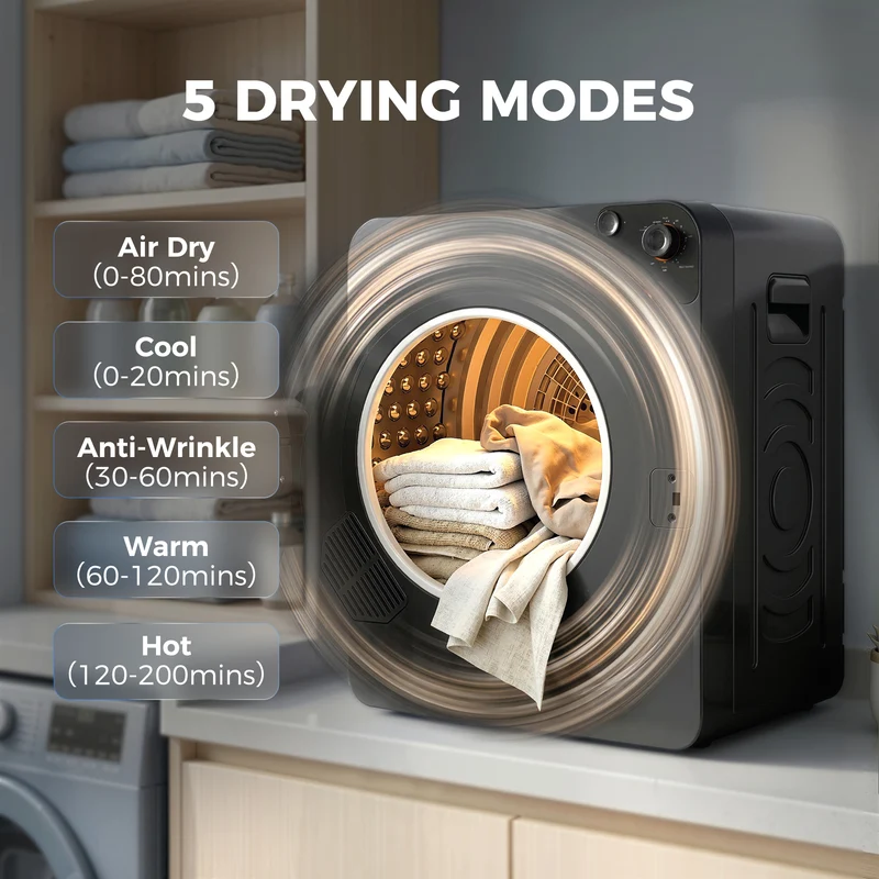 5kg Vented Tumble Dryer, 1000W, 5 Drying Modes, Stainless Steel Drum, Black