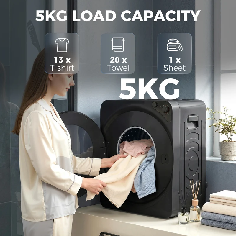 5kg Vented Tumble Dryer, 1000W, 5 Drying Modes, Stainless Steel Drum, Black