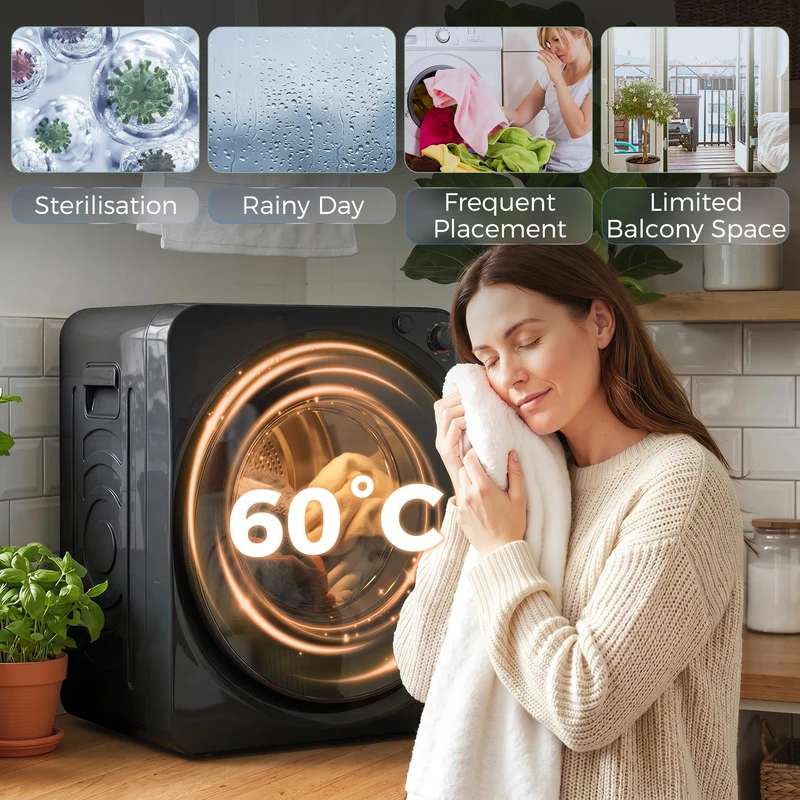 5kg Vented Tumble Dryer, 1000W, 5 Drying Modes, Stainless Steel Drum, Black