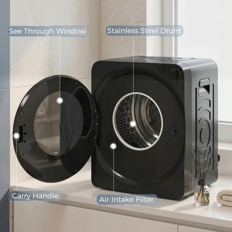 5kg Vented Tumble Dryer, 1000W, 5 Drying Modes, Stainless Steel Drum, Black