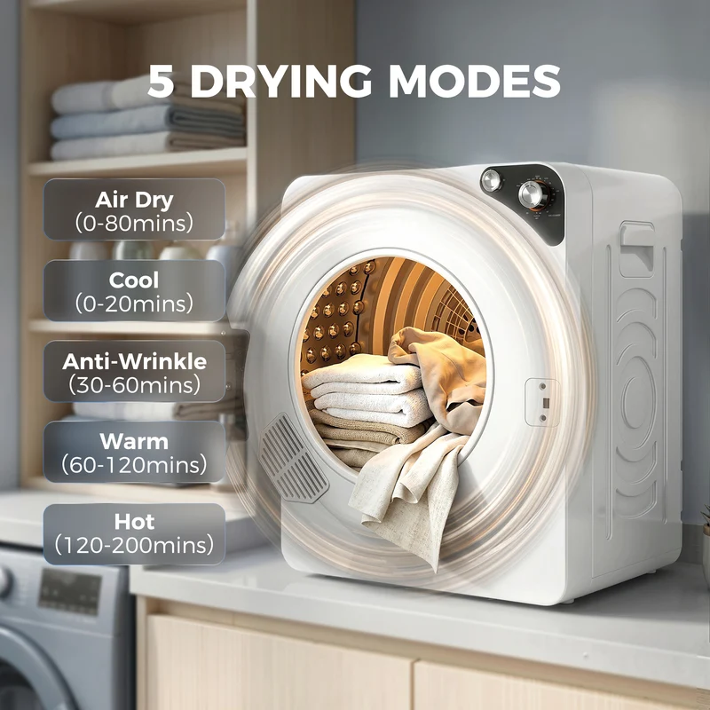 5kg Vented Tumble Dryer, 1000W, 5 Modes, Stainless Steel Drum, White