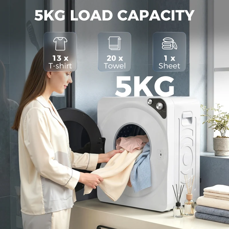 5kg Vented Tumble Dryer, 1000W, 5 Modes, Stainless Steel Drum, White