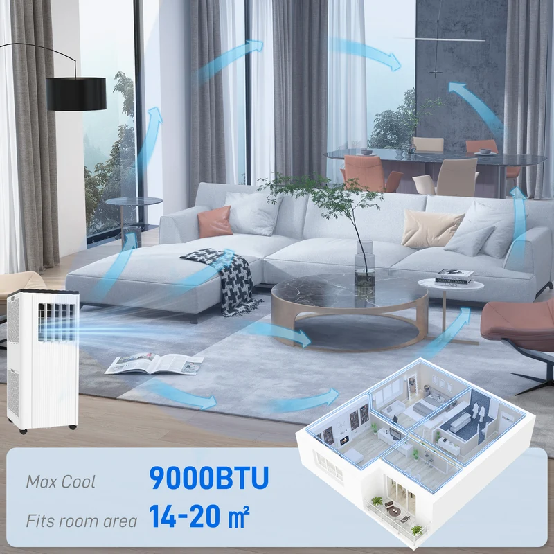 9000 BTU Air Conditioning Unit, 3-in-1 Portable Cooling Fan with Remote, Window Kit, 20m2
