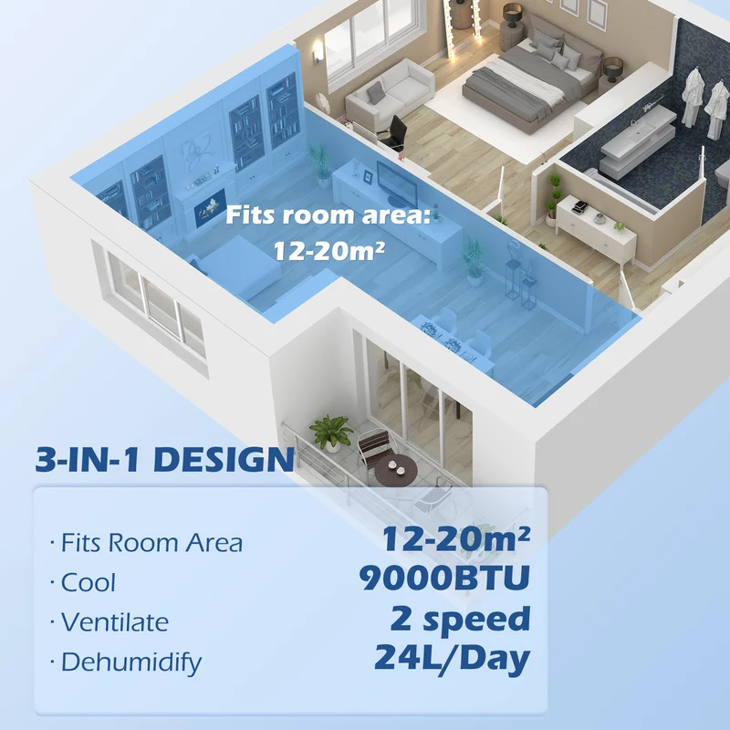 9000 BTU Air Conditioning Unit, 3-in-1 Portable Air Conditioner with Remote, Window Kit, 20m2