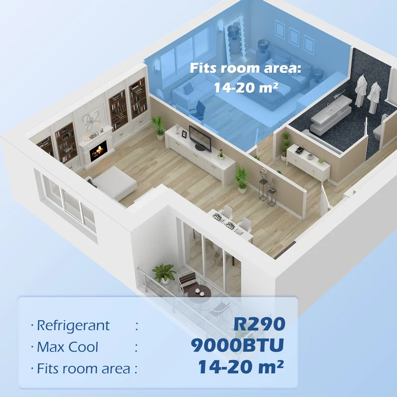 9000 BTU Portable Air Conditioner, 4-in-1 Air Conditioning Unit with Remote, Window Kit, 20m2