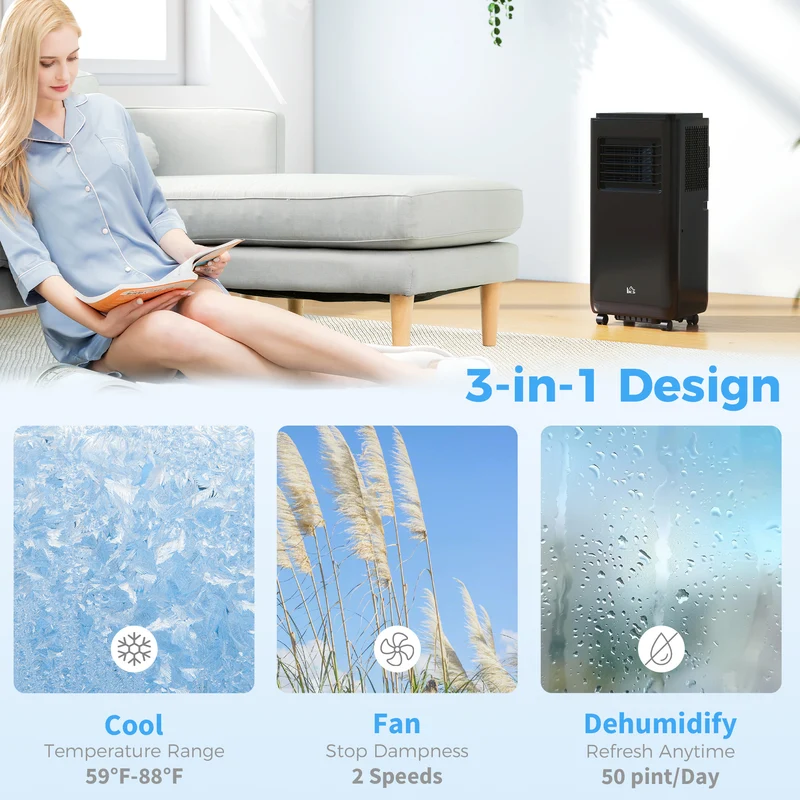 10000 BTU Portable AC for rooms up to 345 sq ft, 3-in-1 Cool & Dehumidify, Black