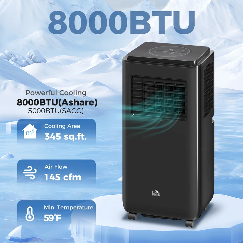 8000 BTU Portable Air Conditioner up to 345 sq ft with Dehumidifier, Black