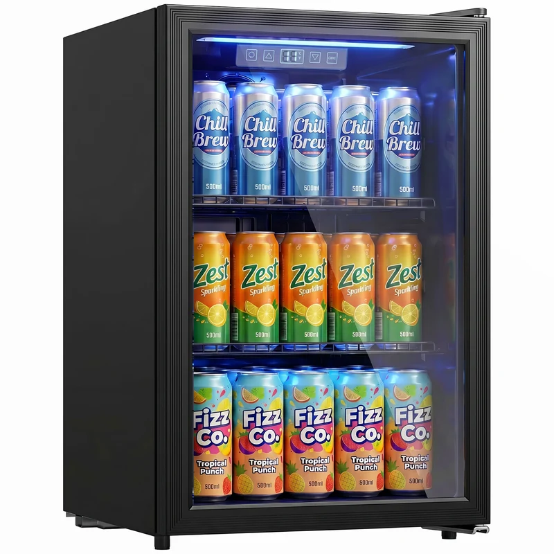 70L Under-Counter Drink Fridge, 70-Can Capacity, Double-Layer Glass Door, LED