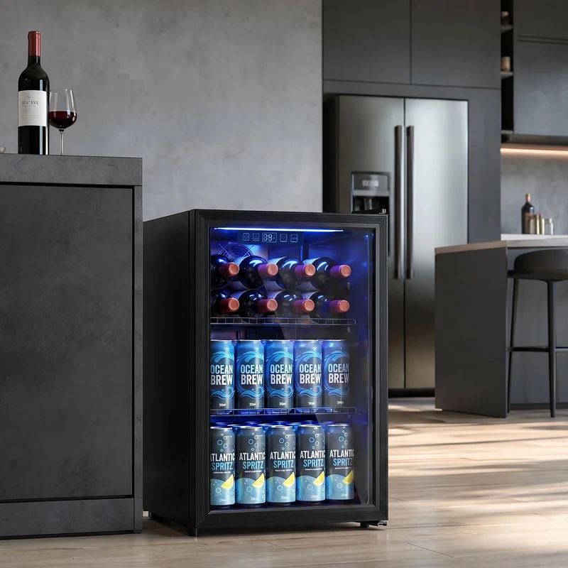 70L Under-Counter Drink Fridge, 70-Can Capacity, Double-Layer Glass Door, LED
