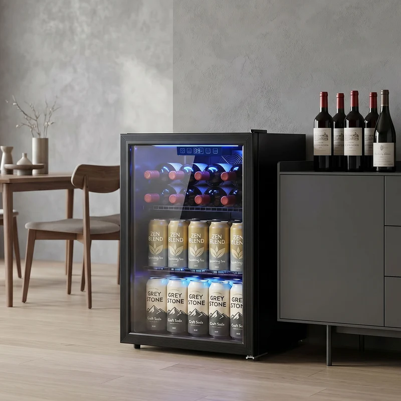 70L Under-Counter Drink Fridge, 70-Can Capacity, Double-Layer Glass Door, LED