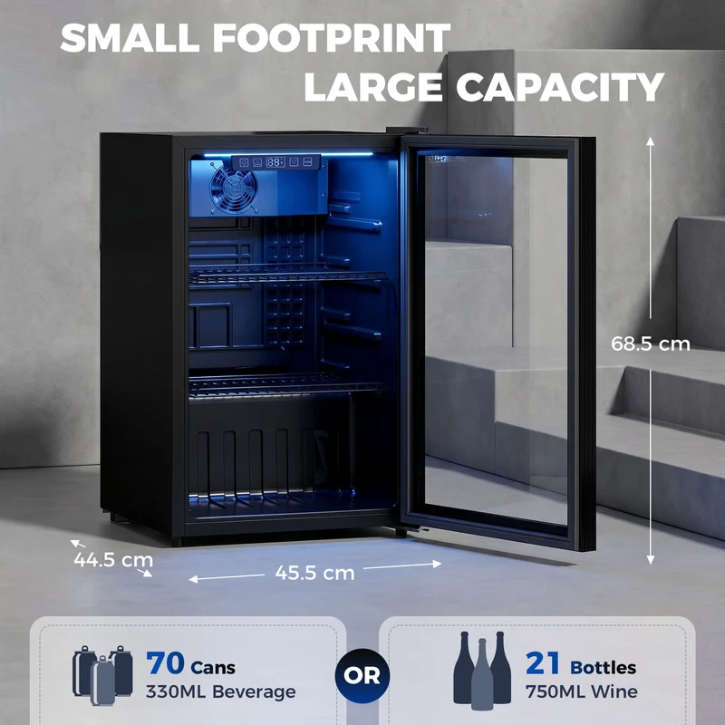 70L Under-Counter Drink Fridge, 70-Can Capacity, Double-Layer Glass Door, LED