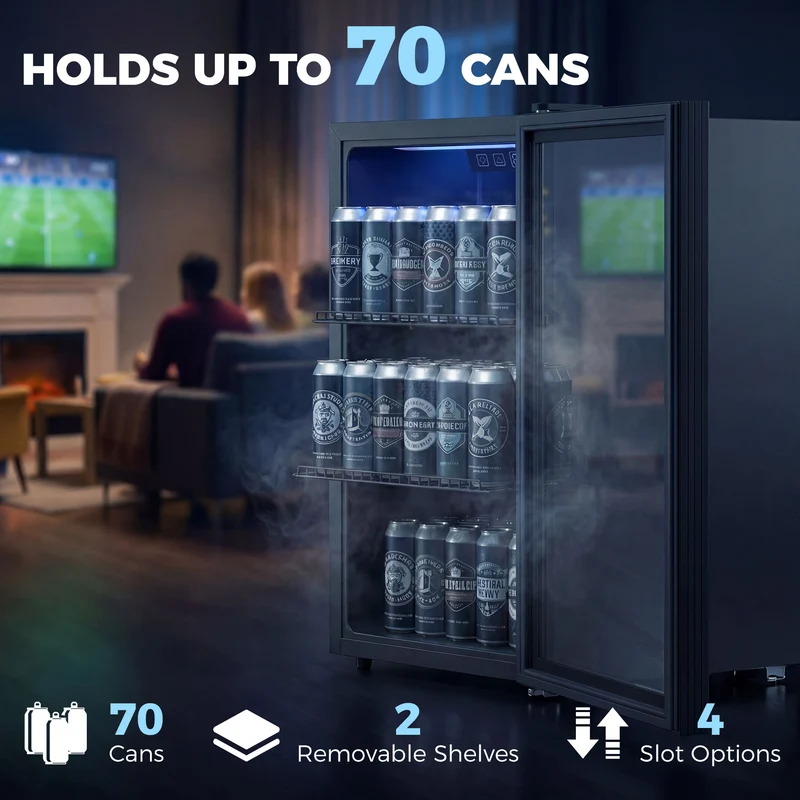 70L Under-Counter Drink Fridge, 70-Can Capacity, Double-Layer Glass Door, LED