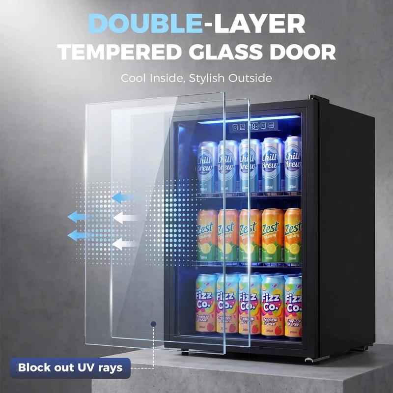 70L Under-Counter Drink Fridge, 70-Can Capacity, Double-Layer Glass Door, LED
