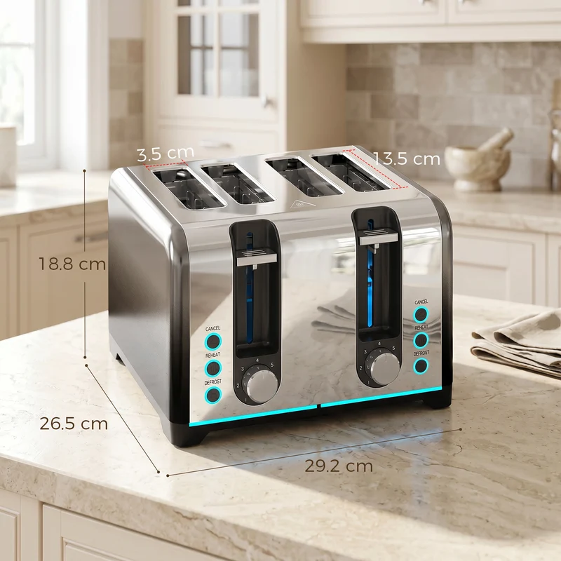 4-Slice Toaster with 7 Browning Levels, Reheat, Defrost & Cancel, 1860W, Black
