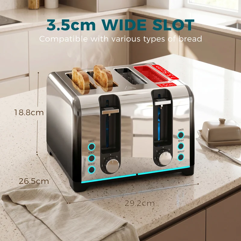 4-Slice Toaster with 7 Browning Levels, Reheat, Defrost & Cancel, 1860W, Black