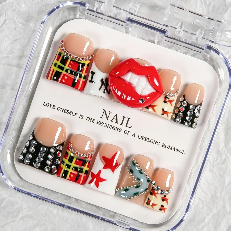 Künstlerisches Press-On-Nagelset mit lustigen Designs