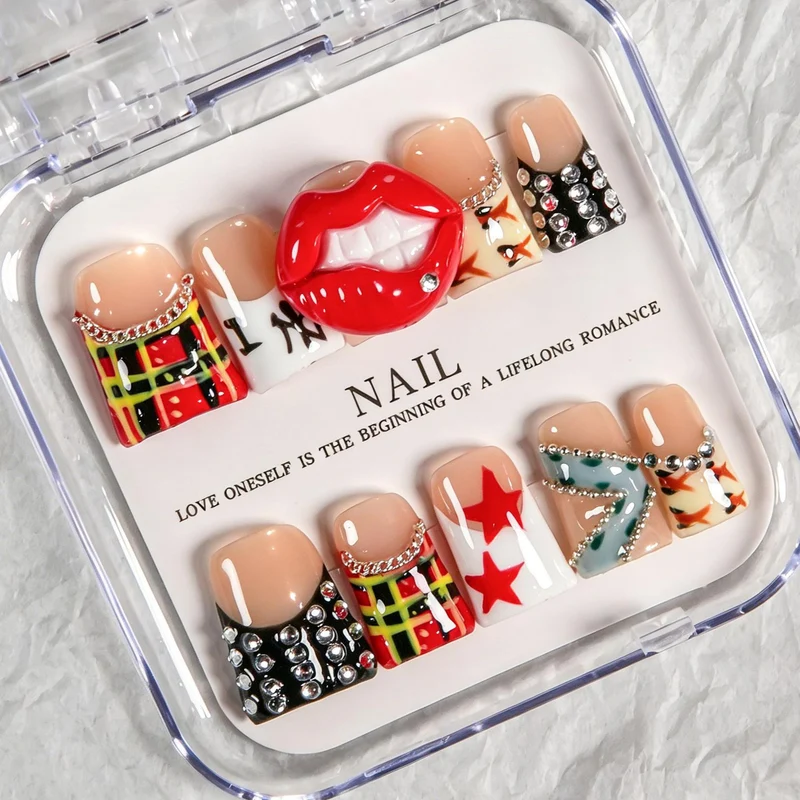 Künstlerisches Press-On-Nagelset mit lustigen Designs