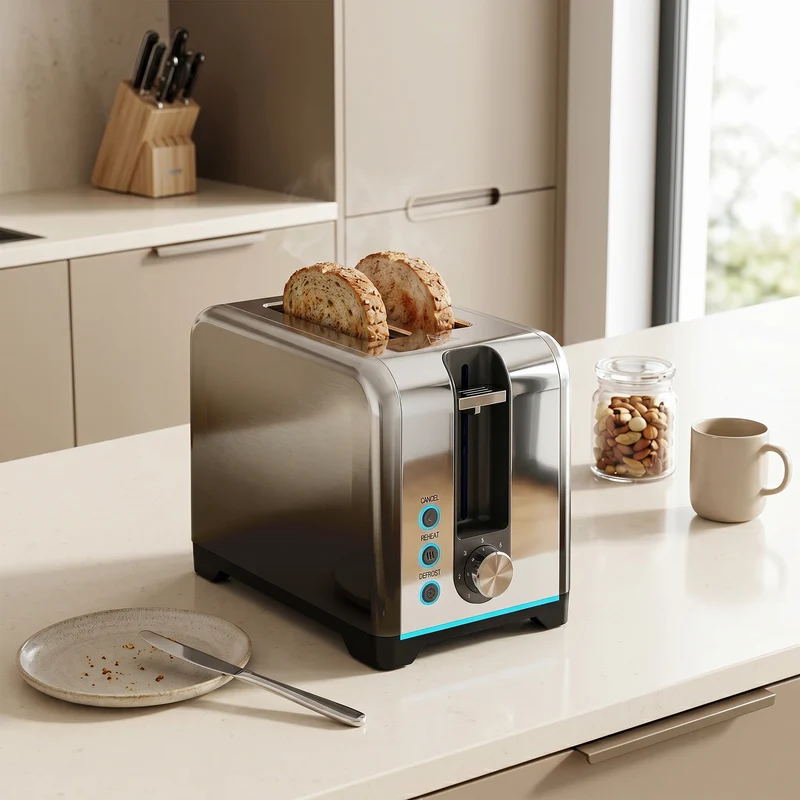 2-Slice 930W Toaster with 7 Browning Levels, Self-Centering Slots, Reheat & Defrost, Black