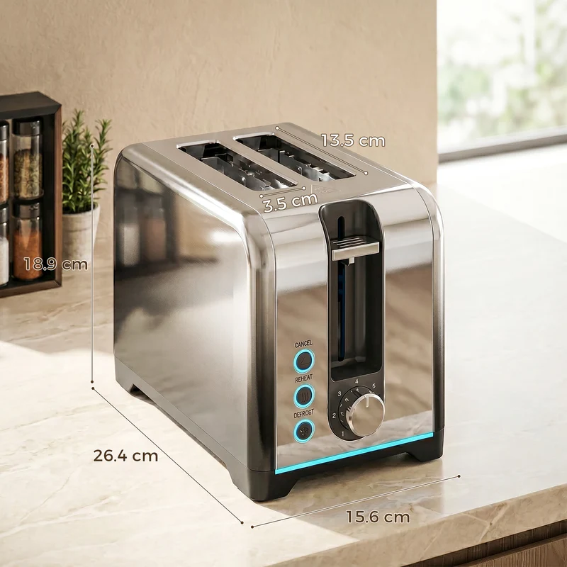 2-Slice 930W Toaster with 7 Browning Levels, Self-Centering Slots, Reheat & Defrost, Black