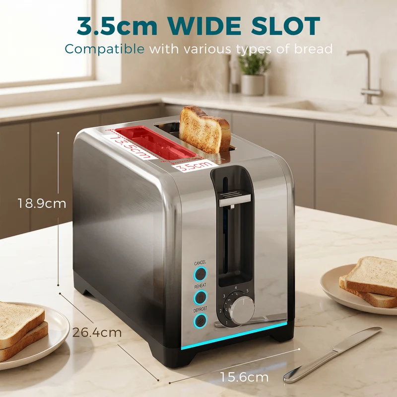 2-Slice 930W Toaster with 7 Browning Levels, Self-Centering Slots, Reheat & Defrost, Black