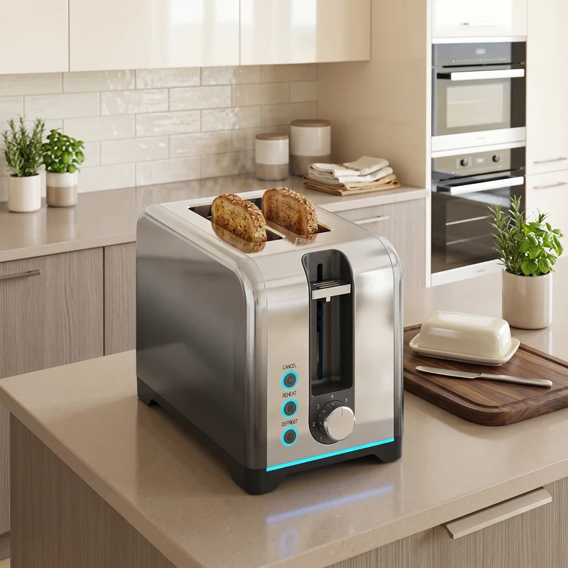 2-Slice 930W Toaster with 7 Browning Levels, Self-Centering Slots, Reheat & Defrost, Black