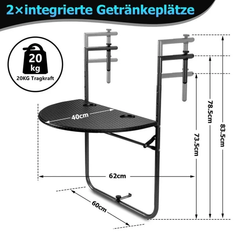 Balkontisch Balkongeländer Klappbar Hängetisch 60x40cm Tisch