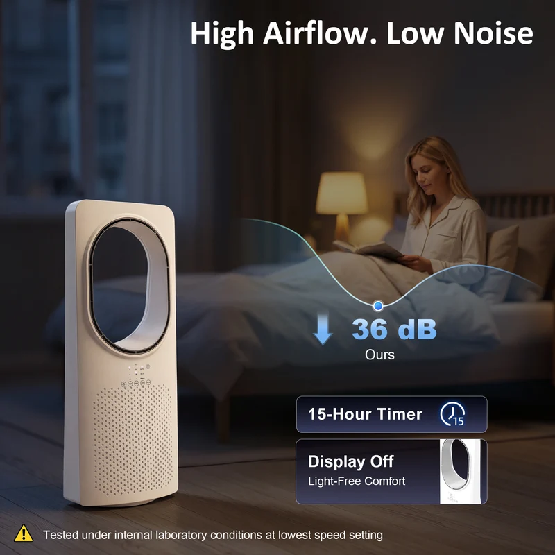36dB Bladeless Tower Fan for Bedroom, 45° Oscillating, 3 Speeds, 15H Timer, White