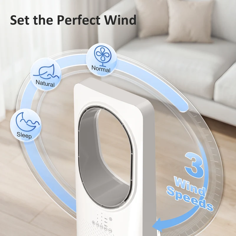 36dB Bladeless Tower Fan for Bedroom, 45° Oscillating, 3 Speeds, 15H Timer, White