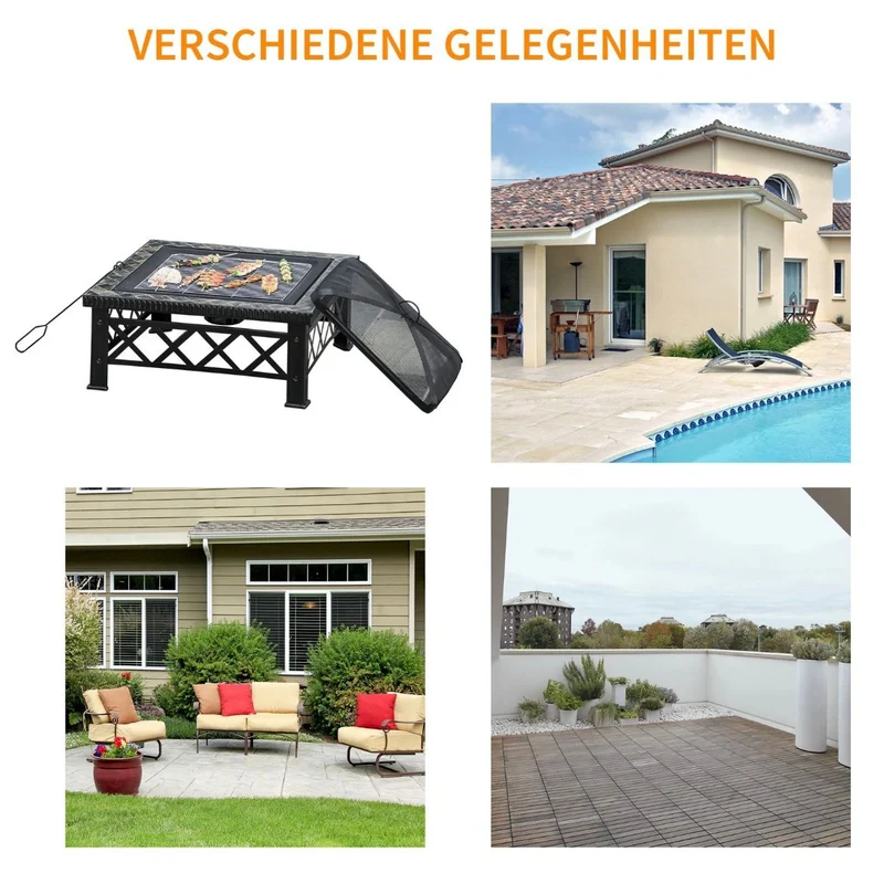 3in1 Feuerschale Feuerkorb Funkenschutz Grillrost Garten BBQ