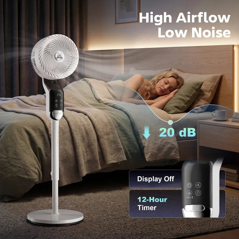41" Silent Pedestal Fan with Remote, 8 Speeds, 85° Oscillation, 12H Timer, White