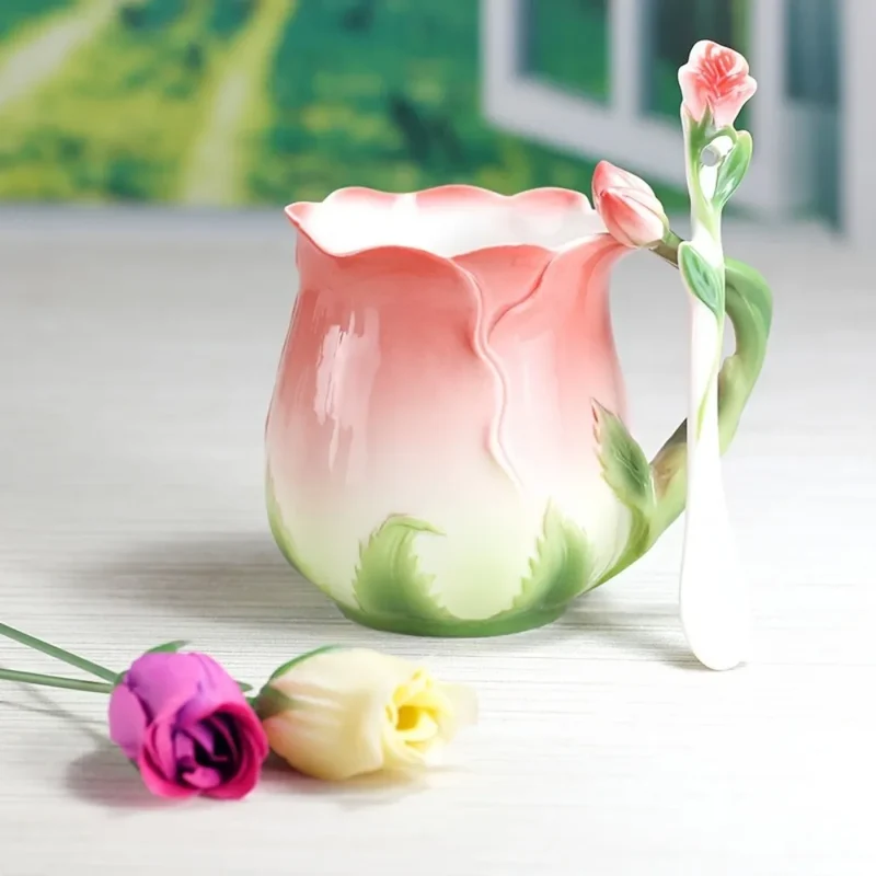 Skanto | 3D Rosenblumen-Kaffeetasse Keramik-Kaffeetassen Süße ästhetische Wasserbecher mit Löffel Sommer-Winter-Trinkgeschirr Valentinstagsgeschenke