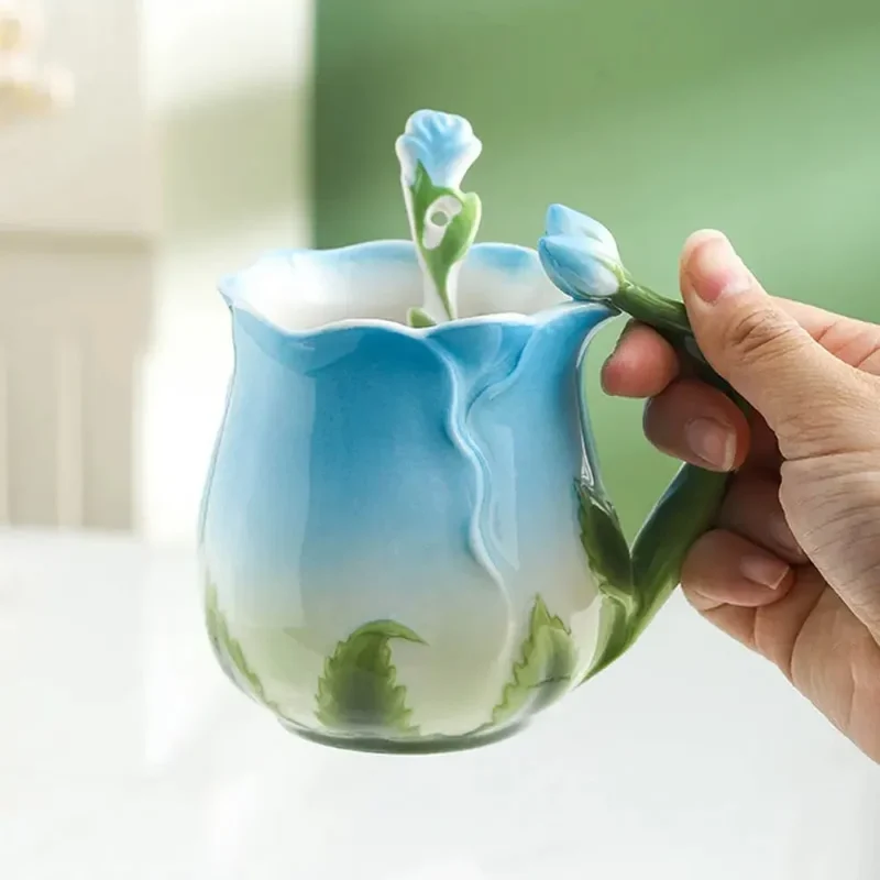 Skanto | 3D Rosenblumen-Kaffeetasse Keramik-Kaffeetassen Süße ästhetische Wasserbecher mit Löffel Sommer-Winter-Trinkgeschirr Valentinstagsgeschenke