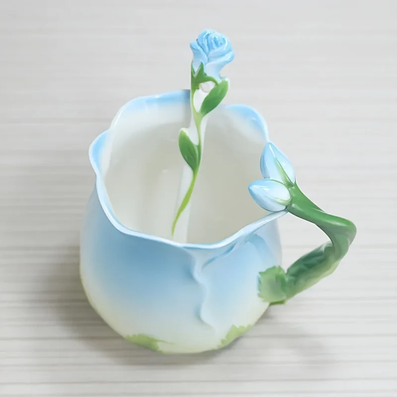 Skanto | 3D Rosenblumen-Kaffeetasse Keramik-Kaffeetassen Süße ästhetische Wasserbecher mit Löffel Sommer-Winter-Trinkgeschirr Valentinstagsgeschenke