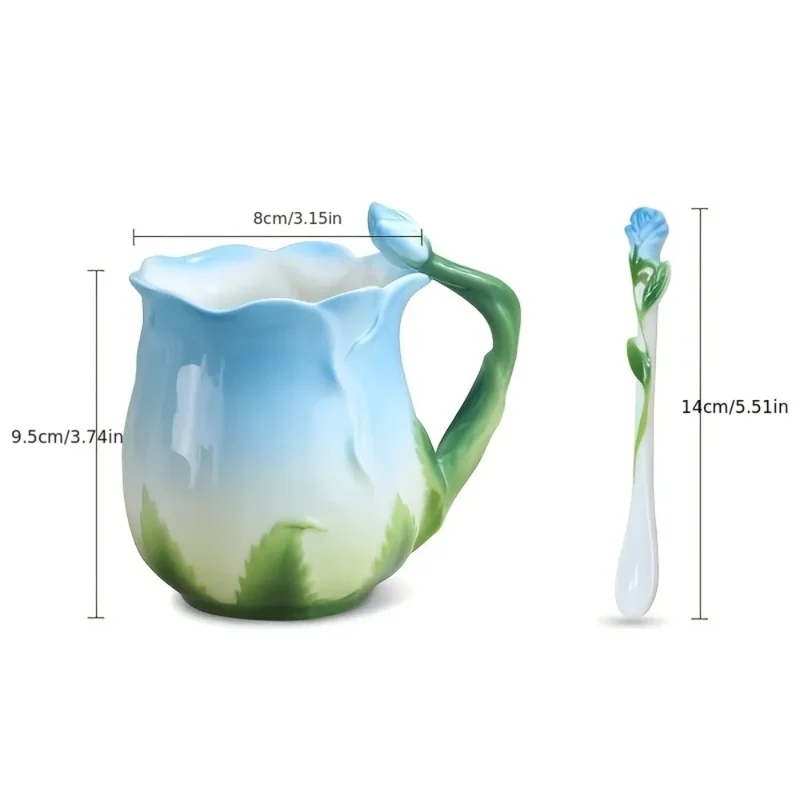 Skanto | 3D Rosenblumen-Kaffeetasse Keramik-Kaffeetassen Süße ästhetische Wasserbecher mit Löffel Sommer-Winter-Trinkgeschirr Valentinstagsgeschenke