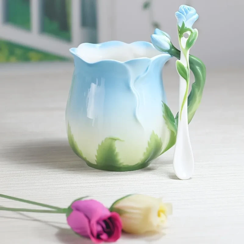Skanto | 3D Rosenblumen-Kaffeetasse Keramik-Kaffeetassen Süße ästhetische Wasserbecher mit Löffel Sommer-Winter-Trinkgeschirr Valentinstagsgeschenke